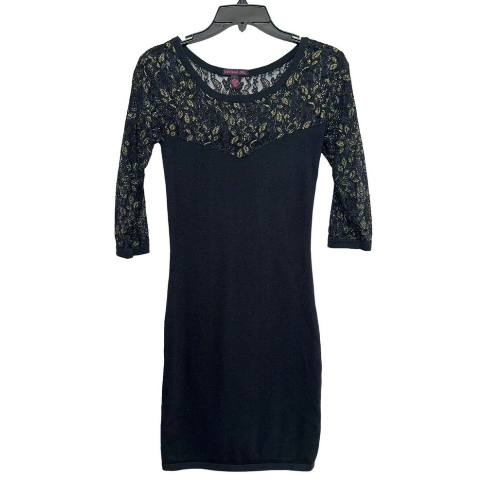 Material Girl Womens Black Mini Bodycon Dress Size S Lace Short Sleeve Stretch